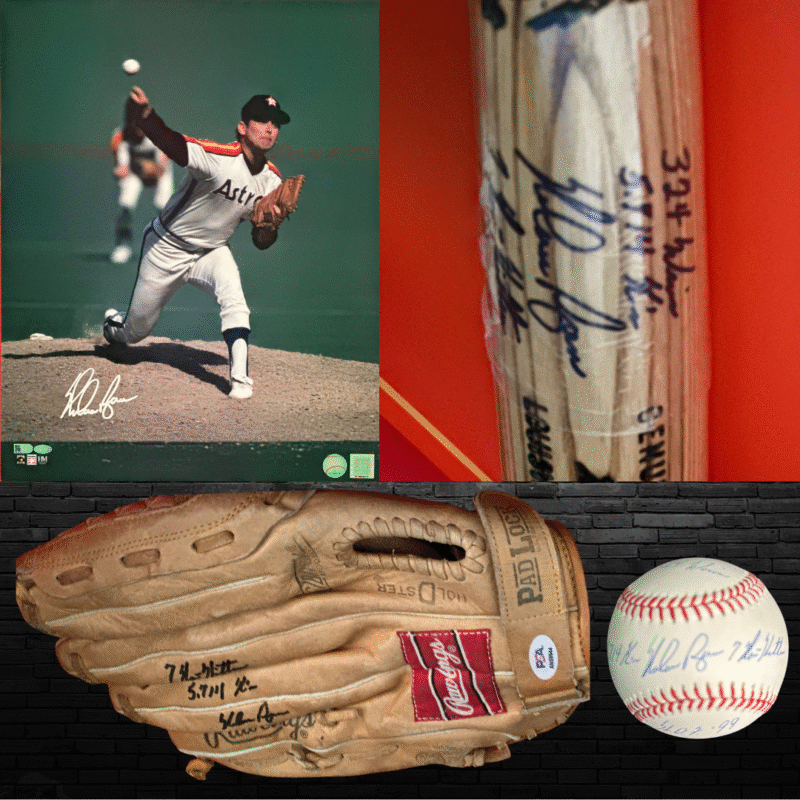 Nolan Ryan Autographed Houston Astros display including Photo, Glove, Bat & Ball - Image 3