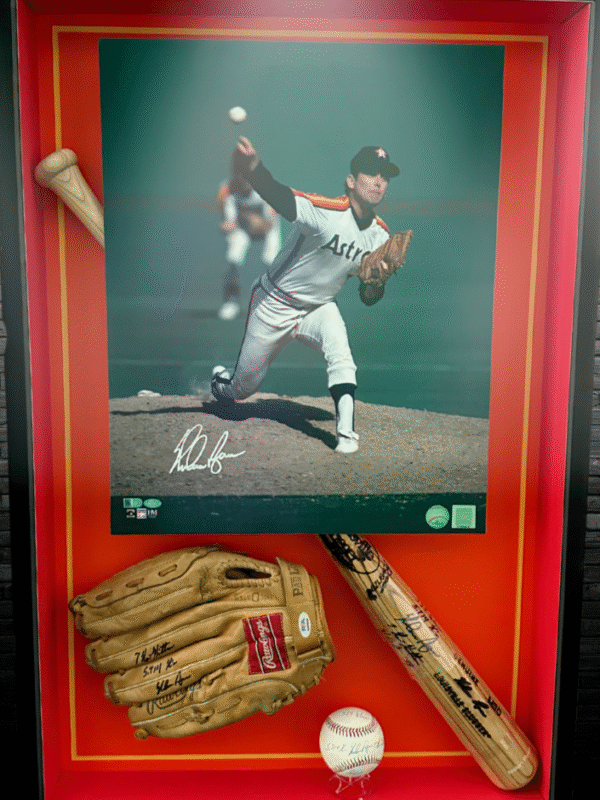 Nolan Ryan Autographed Houston Astros display including Photo, Glove, Bat & Ball
