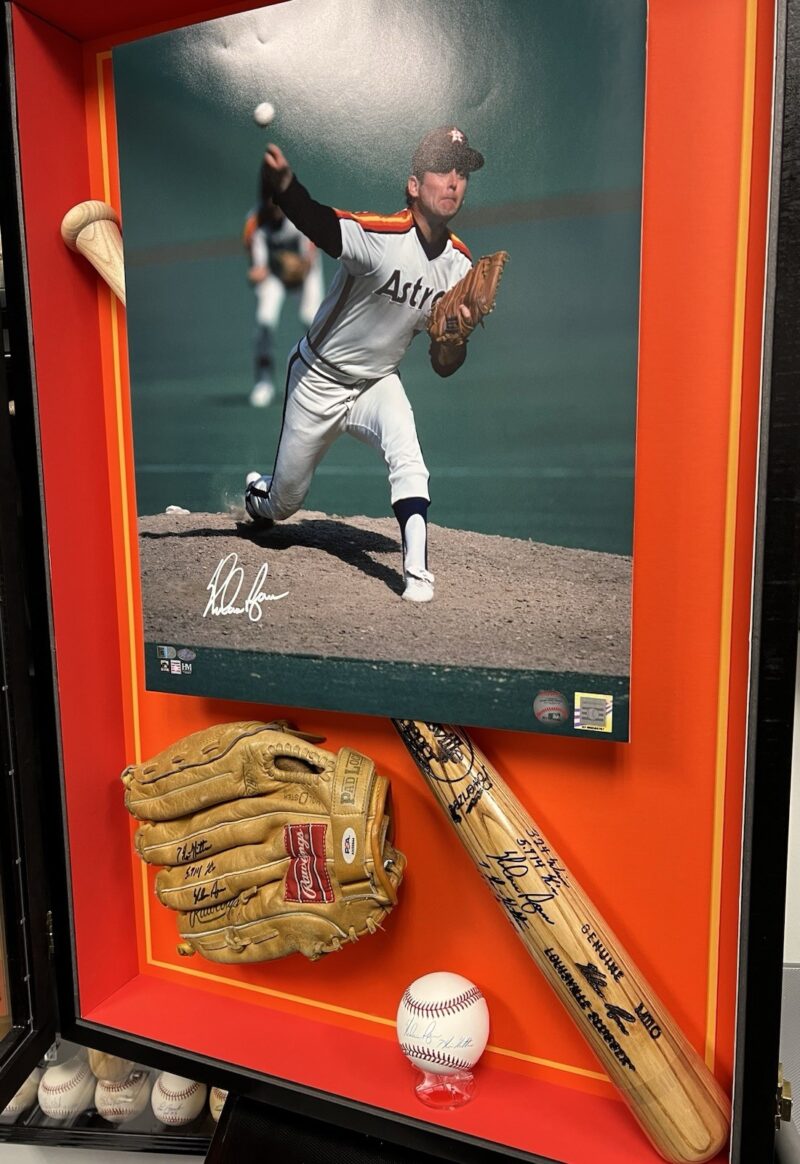 Nolan Ryan Autographed Houston Astros display including Photo, Glove, Bat & Ball - Image 9
