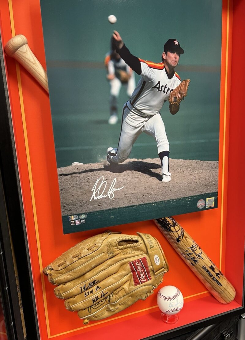 Nolan Ryan Autographed Houston Astros display including Photo, Glove, Bat & Ball - Image 10