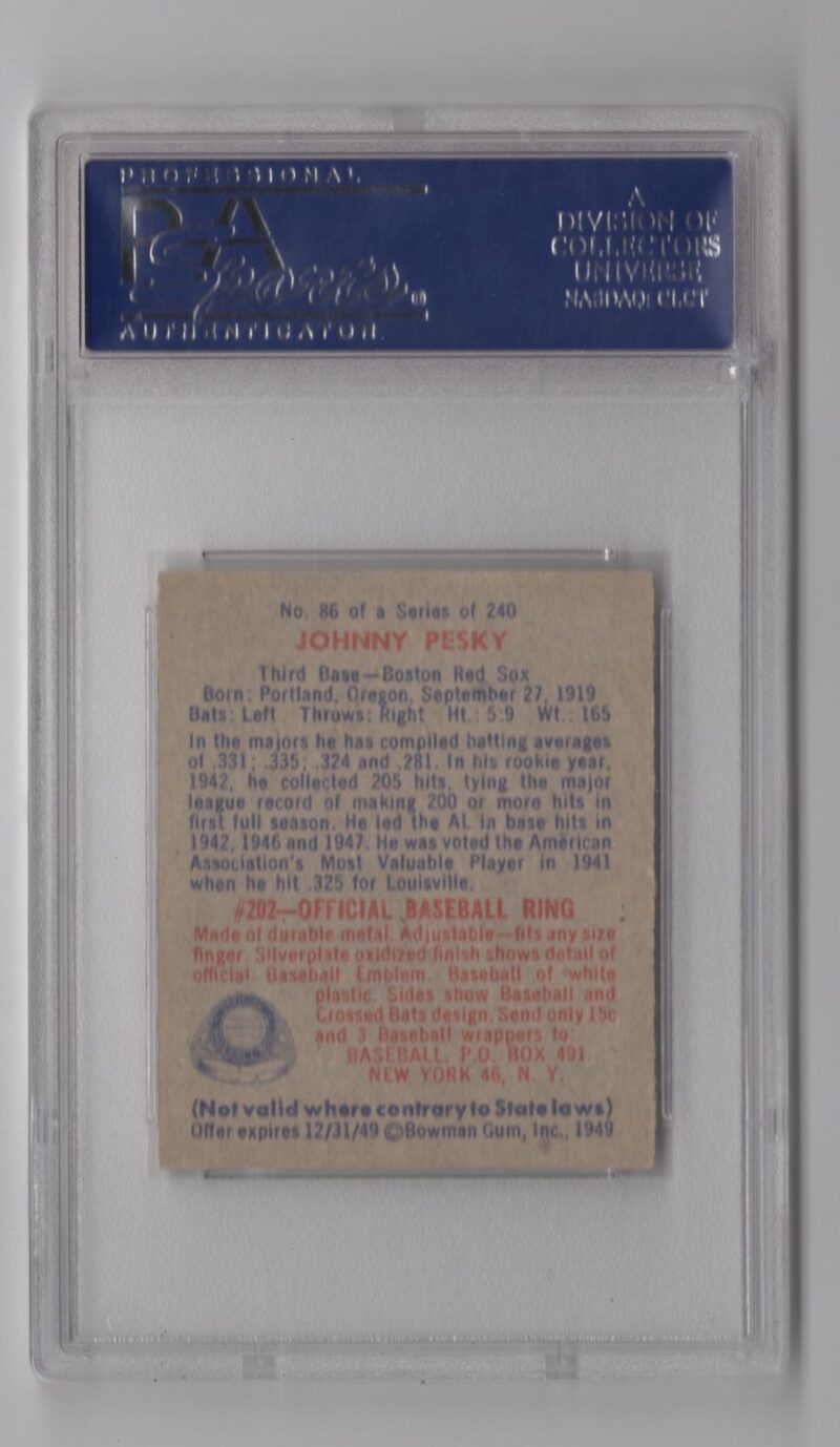 1949 BOWMAN JOHNNY PESKY ROOKIE PSA 7 BOSTON RED SOX #86 - Image 3