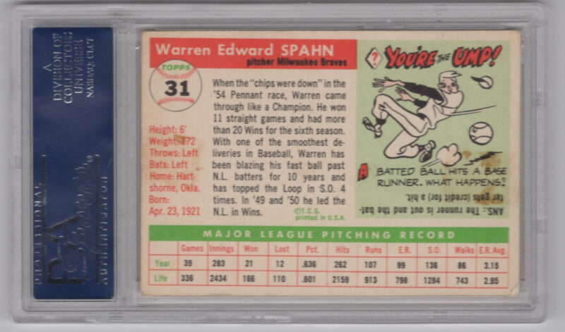 1955 TOPPS 3=15 WARREN SPAHN AUTO PSA MILWAUKEE BRAVES #31 AUTO - Image 3
