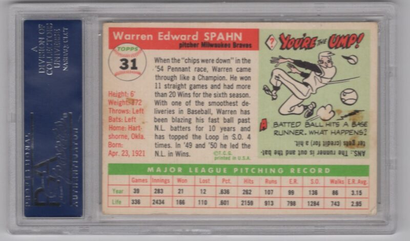 1955 TOPPS WARREN SPAHN AUTO PSA MILWAUKEE BRAVES #31 HAND SIGNED AUTOGRAPH - Image 3
