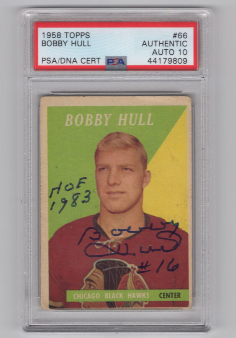 1958-59 3-15 BOBBY HULL ROOKIE AUTO PSA 10 CHICAGO BLACKHAWKS #66 MULTIPLE