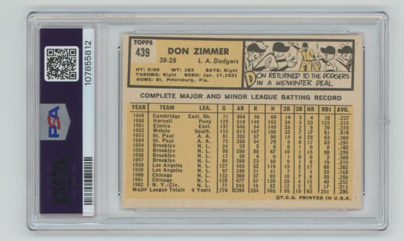 1963 TOPPS DON ZIMMER PSA 5 LOS ANGELES DODGERS #439 - Image 3