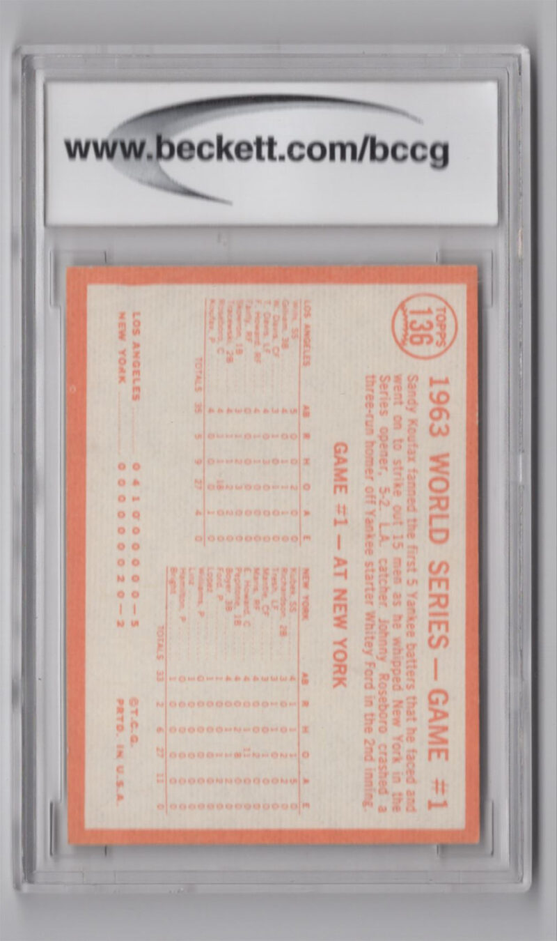1964 TOPPS WORLD SERIES GAME 1 BCCG 8 LOS ANGELES DODGERS/NEW YORK YANKEES #136 - Image 3