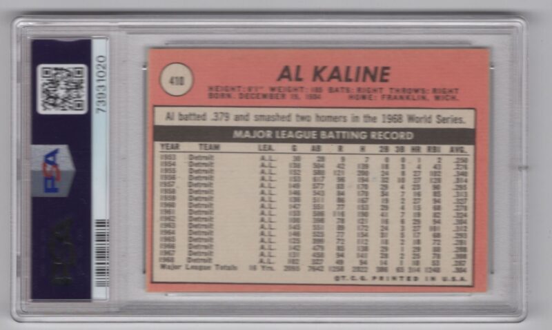 1969 TOPPS AL KALINE AUTO PSA DETROIT TIGERS #410 HAND SIGNED AUTOGRAPH - Image 3
