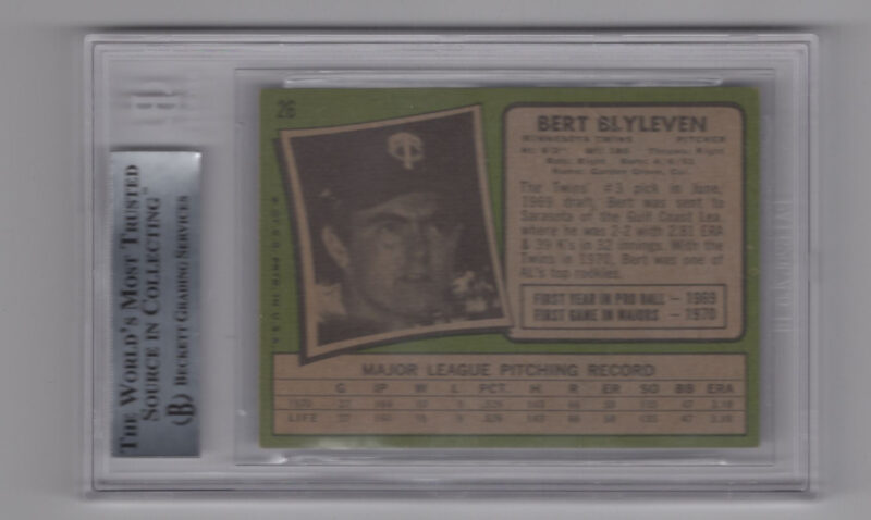 1971 TOPPS 3-15 BERT BLYLEVEN ROOKIE AUTO BECKETT MINNESOTA TWINS #26 AUTH. - Image 3