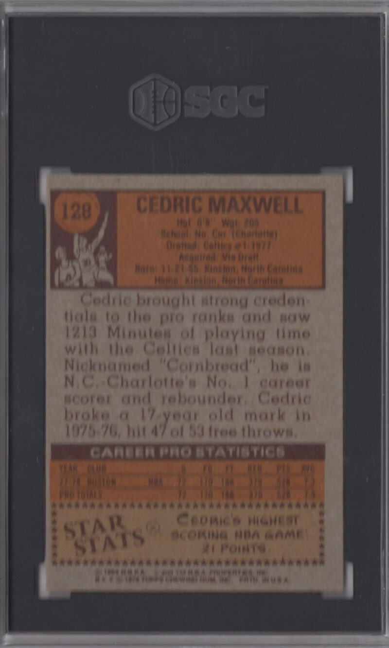 1978-79 TOPPS 3-15 CEDRIC MAXWELL ROOKIE SGC 7.5 BOSTON CELTICS #128 - Image 3