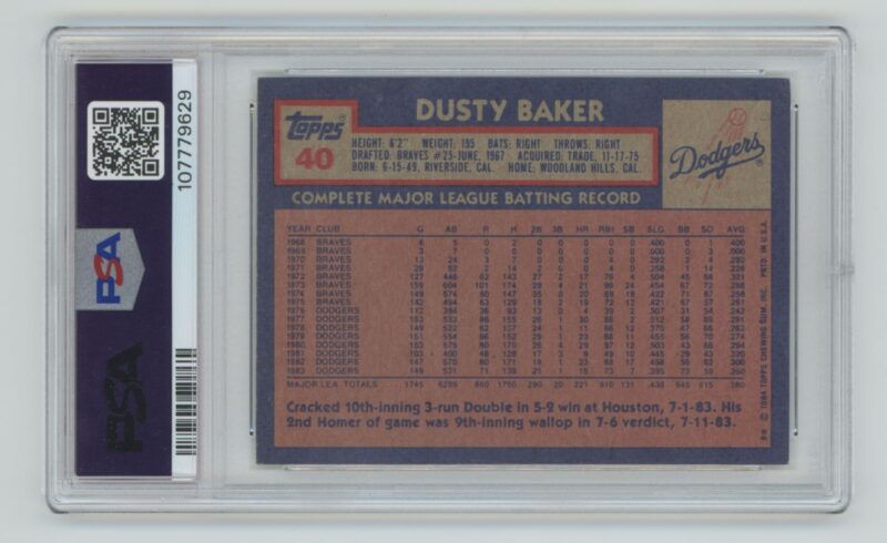 1984 TOPPS DUSTY BAKER AUTO PSA 6 LOS ANGELES DODGERS #40 AUTHENTIC AUTOGRAPH - Image 3