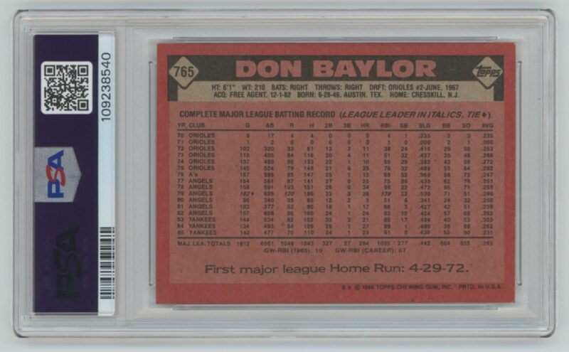 1986 TOPPS DON BAYLOR PSA 8 NEW YORK YANKEES #765 POP 11, TOTAL POP 29 - Image 3