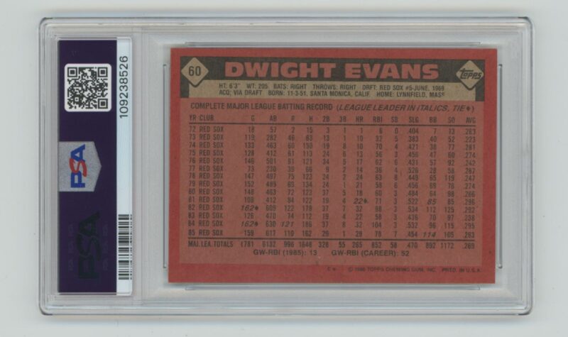 1986 TOPPS DWIGHT EVANS PSA 8 BOSTON RED SOX #60 POP 39, TOTAL POP 124 - Image 3