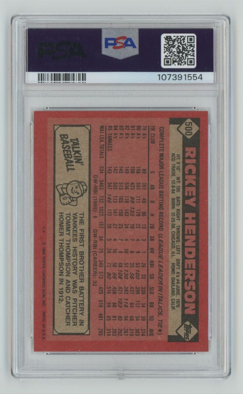 1986 TOPPS RICKEY HENDERSON PSA 8 NEW YORK YANKEES 500 286740614558 2