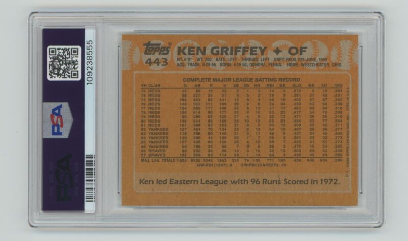 1988 TOPPS KEN GRIFFEY PSA 7 ATLANTA BRAVES #443 POP 8, TOTAL POP 50 - Image 3