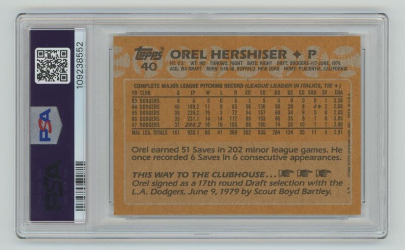 1988 TOPPS OREL HERSHISER PSA 10 LOS ANGELES DODGERS #40 - Image 3