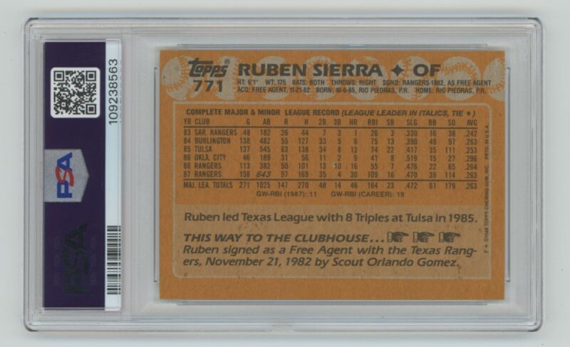 1988 TOPPS RUBEN SIERRA PSA 8 TEXAS RANGERS #771 POP 10, ONLY 4 HIGHER - Image 3