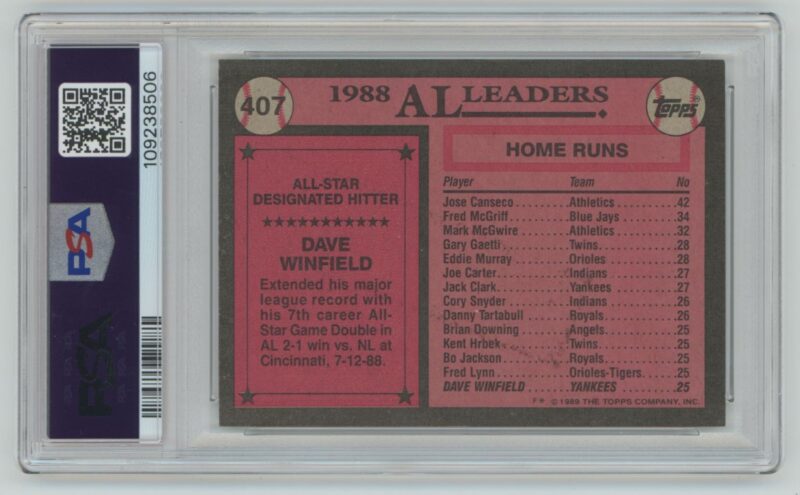 1989 TOPPS DAVE WINFIELD PSA 8 NEW YORK YANKEES #407 MINOR GUM STAIN FROM - Image 3
