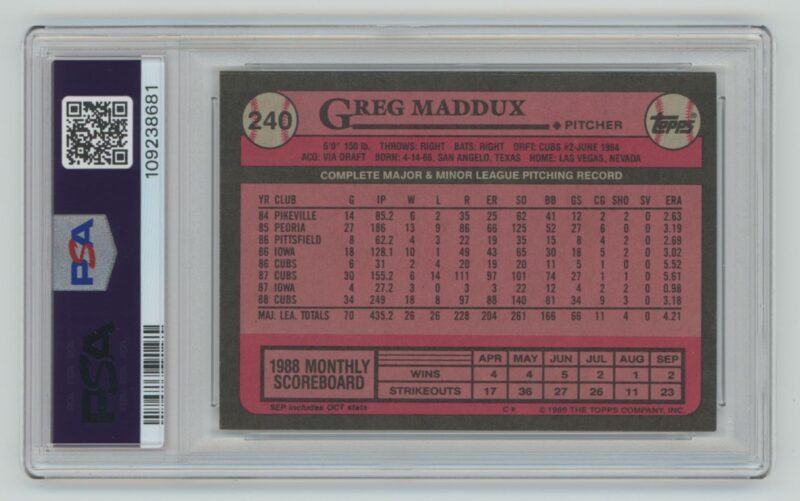 1989 TOPPS GREG MADDUX PSA 9 CHICAGO CUBS #240 - Image 3