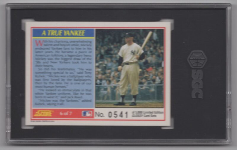 1991 SCORE MICKEY MANTLE SGC 9 NEW YORK YANKEES #6 6 OF 7 SERIAL# 0541 - Image 3