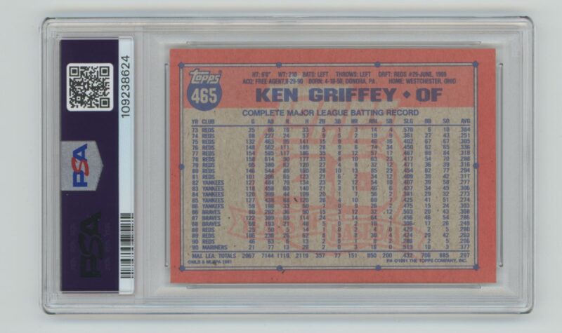 1991 TOPPS KEN GRIFFEY SR. PERFECT PSA 10 PSA 10 SEATTLE MARINERS #465 TOTAL POP - Image 3