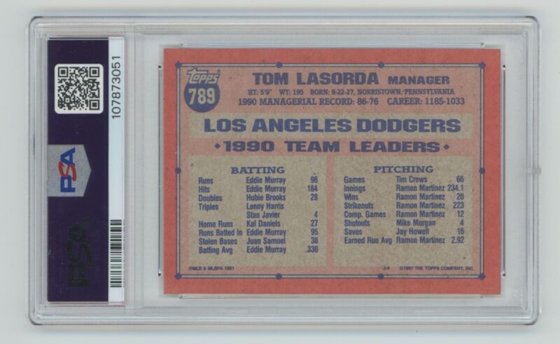 1991 TOPPS TOMMY LASORDA 107873051 PSA 9 LOS ANGELES DODGERS #789 TOTAL POP 29 - Image 3