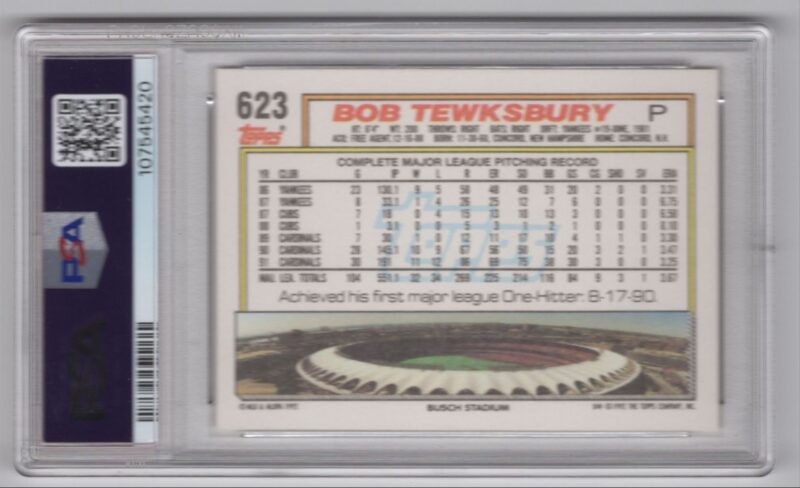 1992 TOPPS BOB TEWKSBURY PSA 9 ST. LOUIS CARDINALS #623 POP 1 ONLY 1 HIGHER - Image 3