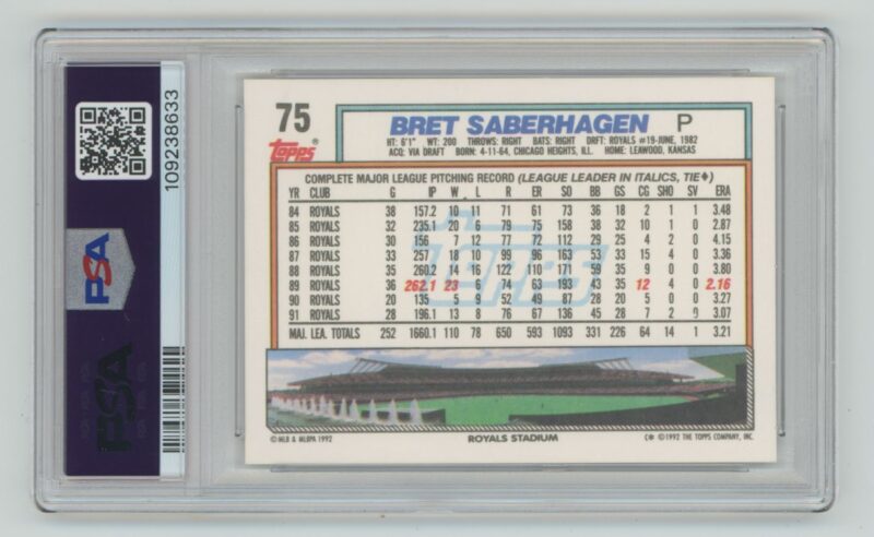 1992 TOPPS BRET SABERHAGEN PSA 8 KANSAS CITY ROYALS #75 RARE POP 2 ONLY 4 HIGHER - Image 3