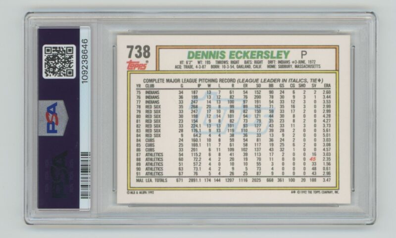 1992 TOPPS DENNIS ECKERSLEY AUTO PSA 7 OAKLAND ATHLETICS #738 POP 1, TOTAL POP - Image 3