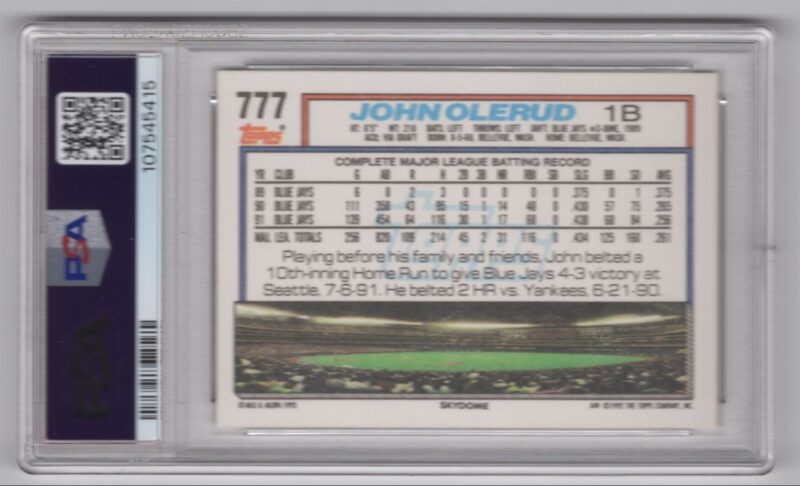 1992 TOPPS JOHN OLERUD PSA 9 TORONTO BLUE JAYS #777 POP 2 ONLY 3 HIGHER - Image 3