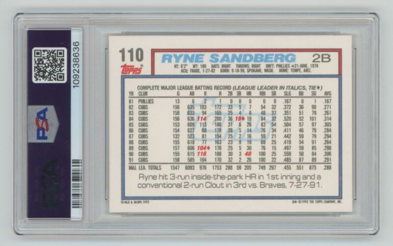 1992 TOPPS RYNE SANDBERG PERFECT PSA 10 PSA 10 CHICAGO CUBS #110 - Image 3