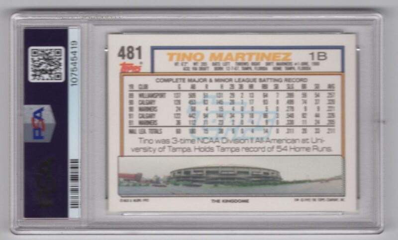 1992 TOPPS TINO MARTINEZ PSA 8 SEATTLE MARINERS #481 POP 2 ONLY 6 HIGHER - Image 3