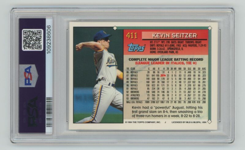 1994 TOPPS KEVIN SEITZER PSA 7 MILWAUKEE BREWERS #411 RARE POP 1 OF 1 - Image 3