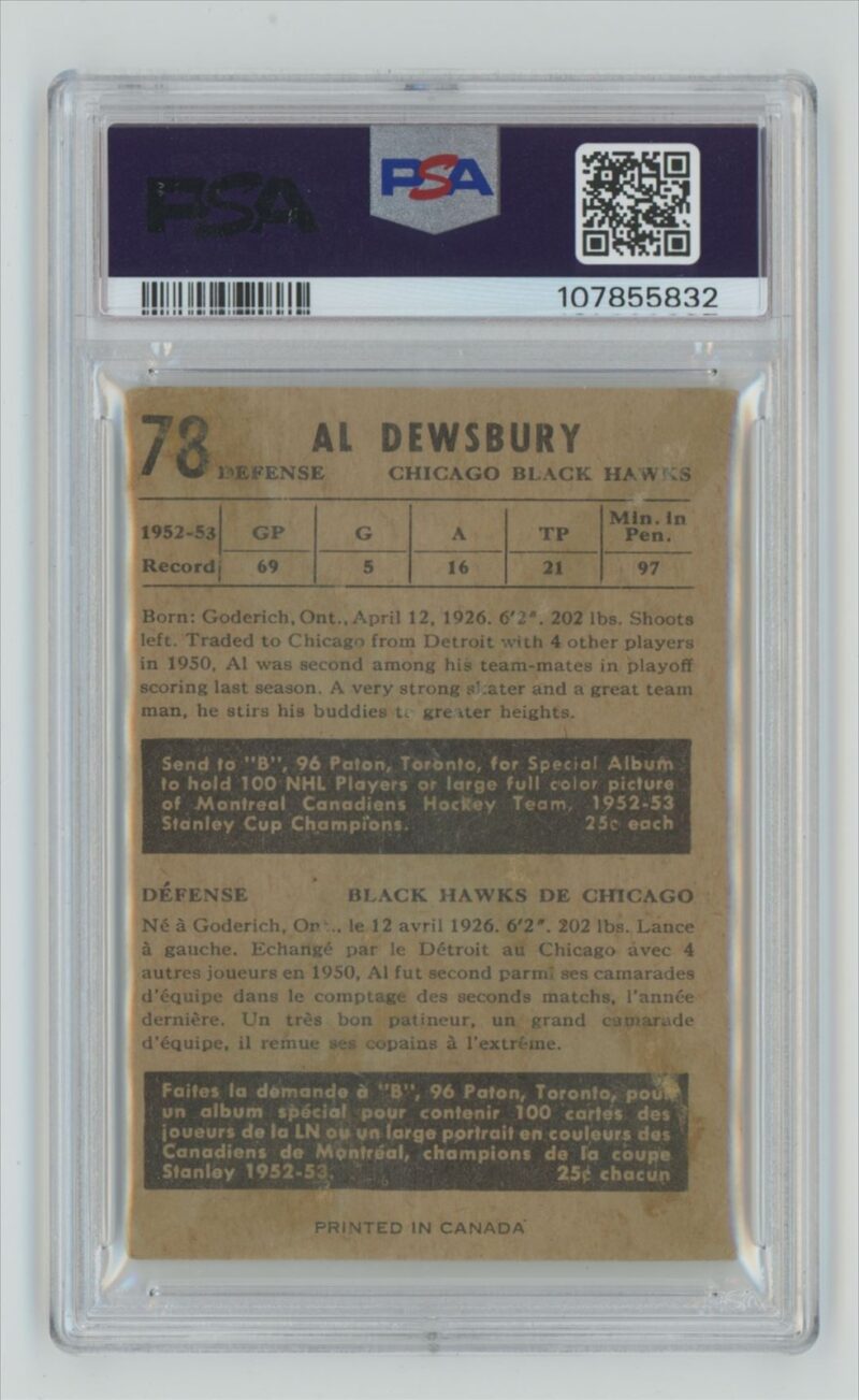 1953 54 PARKHURST AL DEWSBURY PSA 2 CHICAGO BLACKHAWKS 78 286685210259 2