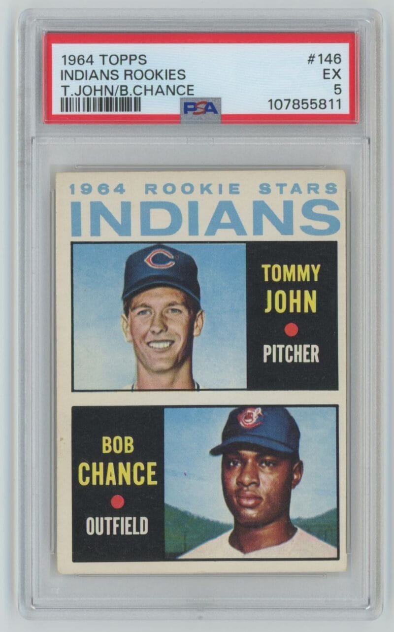 1964 TOPPS 1964 INDIANS ROOKIE STARS - TOMMY JOHN/BOB CHANCE ROOKIE PSA 5