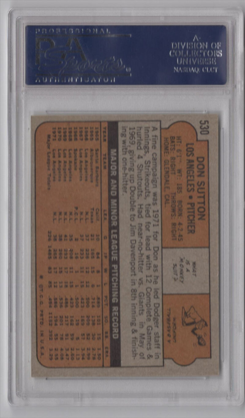 1972 TOPPS 3-15 DON SUTTON PSA 9 LOS ANGELES DODGERS #530 - Image 3