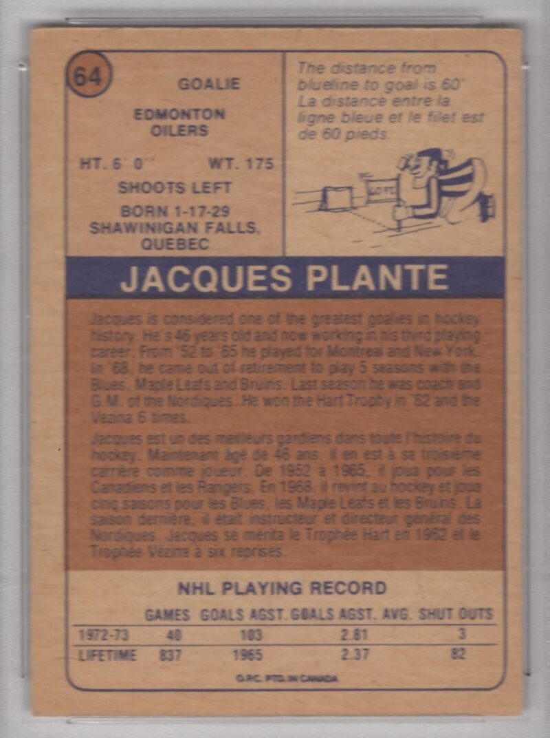 1974-75 O-PEE-CHEE 3-15 JACQUES PLANTE PSA 8 EDMONTON OILERS #64 - Image 3