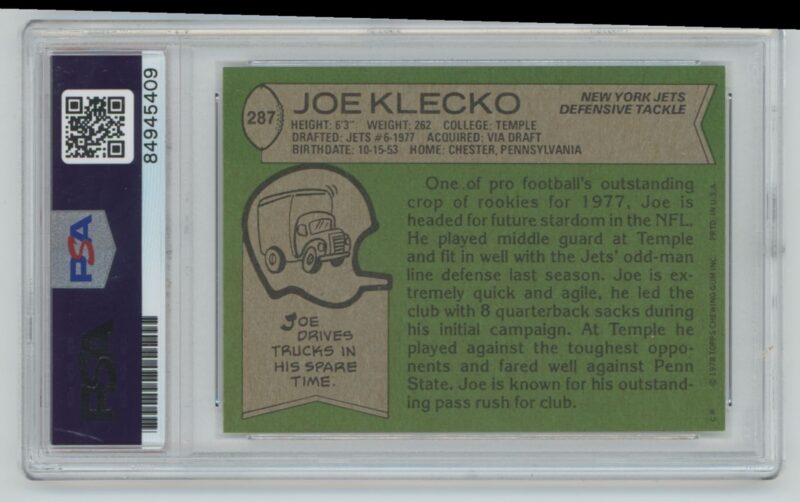 1978 TOPPS JOE KLECKO ROOKIE AUTO AUTHENTIC AUTOGRAPH PSA 10 NEW YORK JETS #287 - Image 3