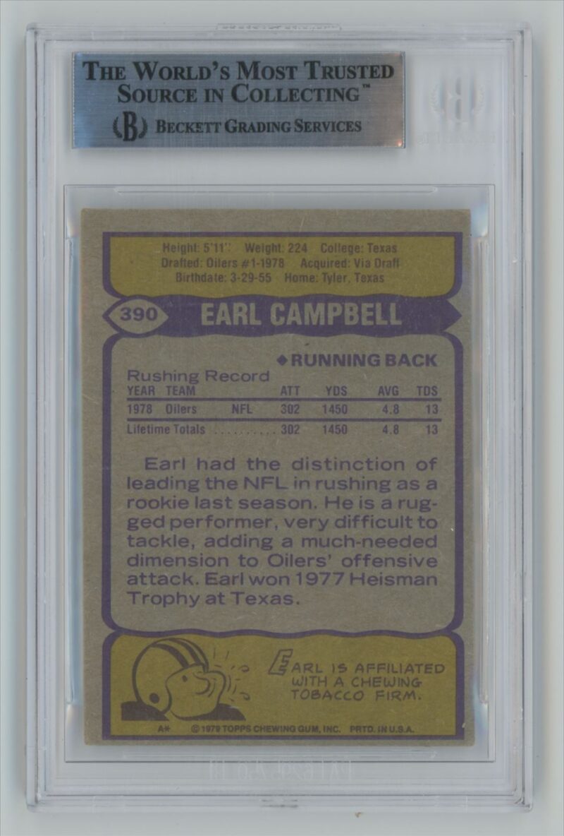 1979 TOPPS EARL CAMPBELL ROOKIE AUTO BECKETT HOUSTON OILERS #390 - Image 3