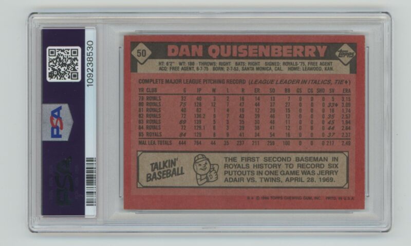 1986 TOPPS DAN QUISENBERRY PSA 7 KANSAS CITY ROYALS #50 POP 2, TOTAL POP 30 - Image 3