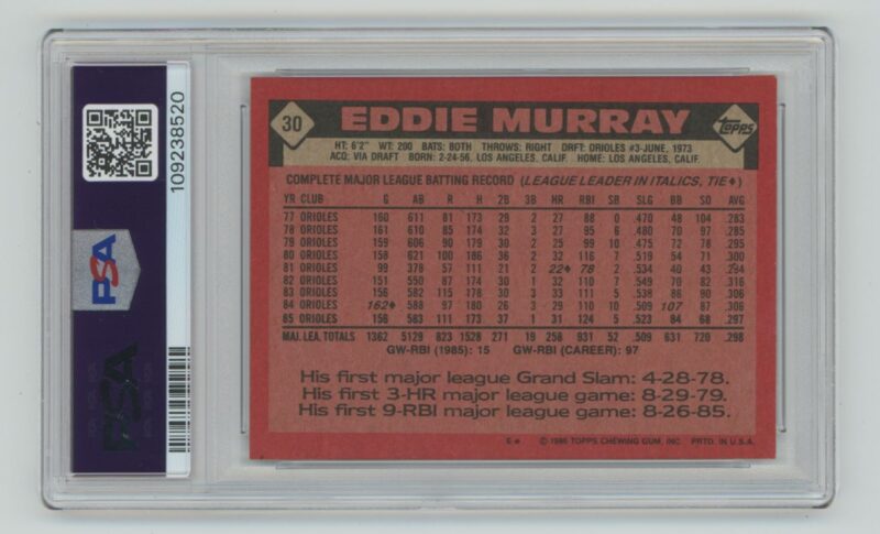 1986 TOPPS EDDIE MURRAY PSA 6 BALTIMORE ORIOLES #30 - Image 3