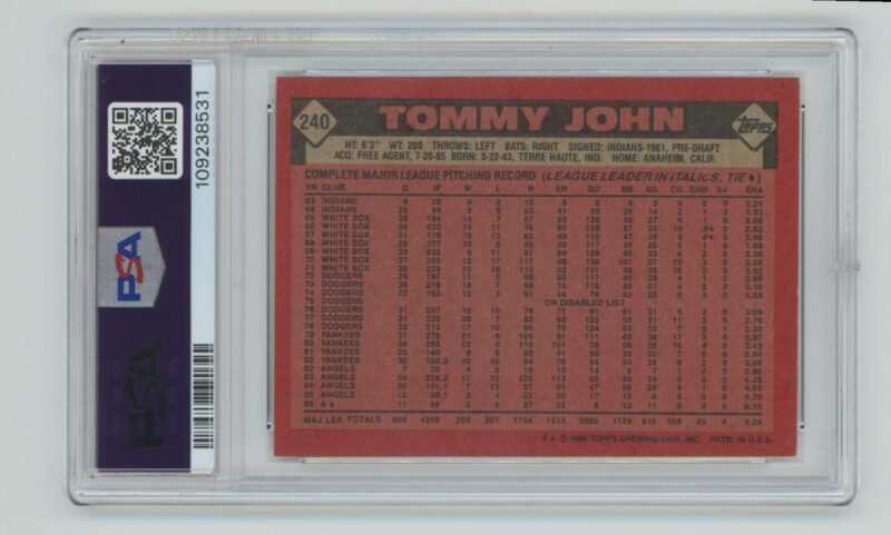 1986 TOPPS TOMMY JOHN PSA 5 OAKLAND ATHLETICS #240 - Image 3