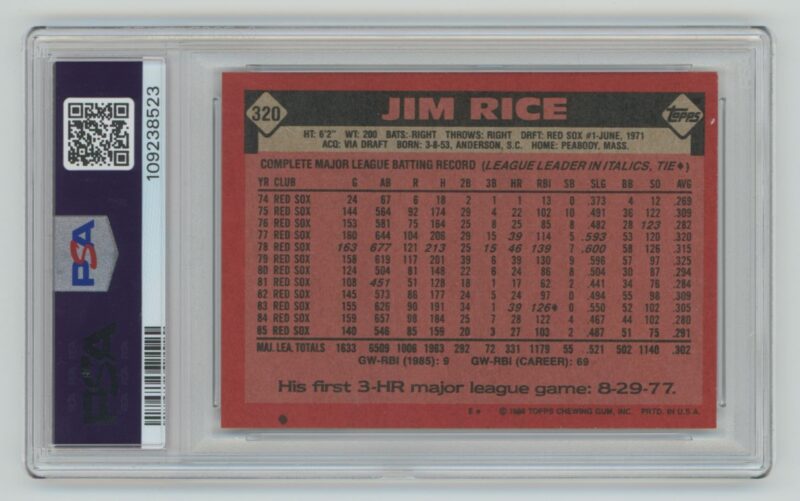 1987 FLEER HEADLINERS JIM RICE PSA 8 BOSTON RED SOX #6 - Image 3