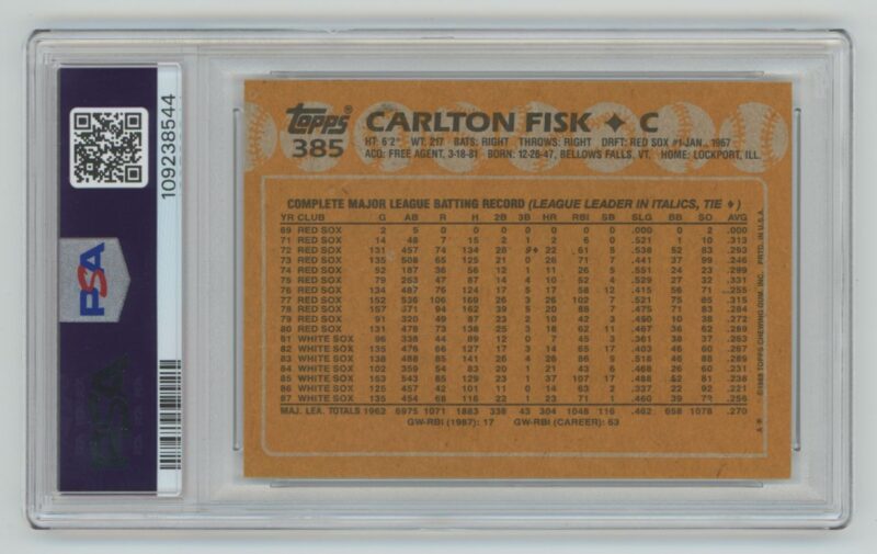 1988 TOPPS CARLTON FISK PSA 9 CHICAGO WHITE SOX #385 - Image 3