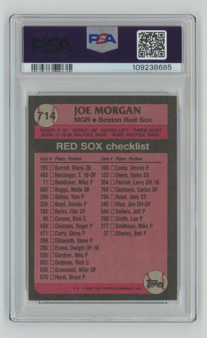 1989 TOPPS JOE MORGAN FORMER RED SOX MANAGER PSA 7 BOSTON RED SOX #714 POP 1 - Image 3