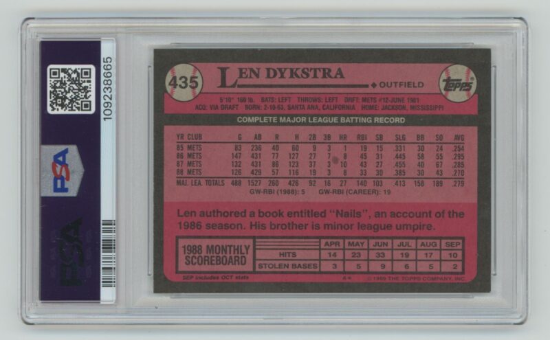 1989 TOPPS LEN DYKSTRA PSA 9 NEW YORK METS #435 - Image 3