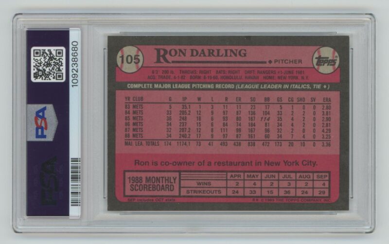 1989 TOPPS RON DARLING PSA 9 NEW YORK METS #105 POP 6, ONLY 7 HIGHER - Image 3