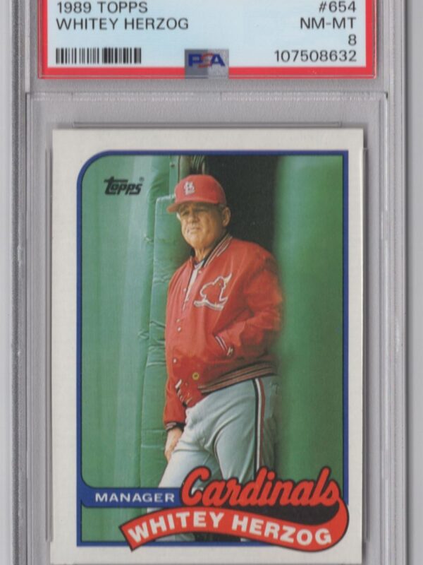 1989 TOPPS WHITEY HERZOG PSA 8 ST. LOUIS CARDINALS #654 TOTAL POP UNDER 50