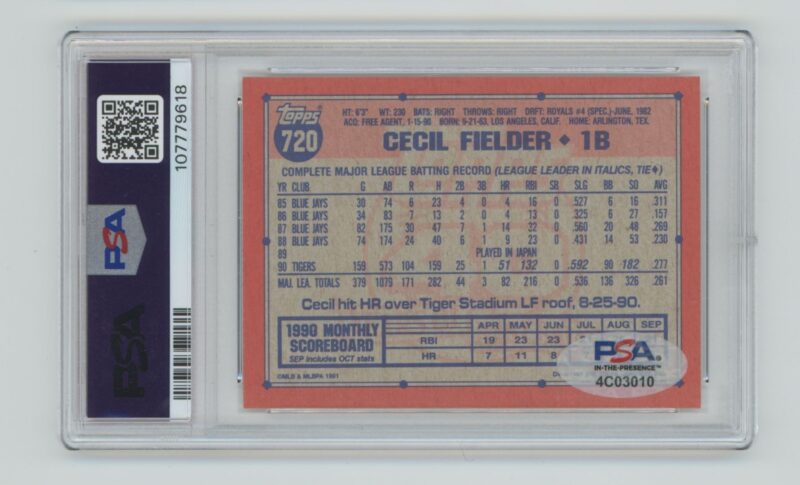 1991 TOPPS CECIL FIELDER AUTO PSA 8 DETROIT TIGERS #720 AUTHENTIC AUTOGRAPH - Image 3