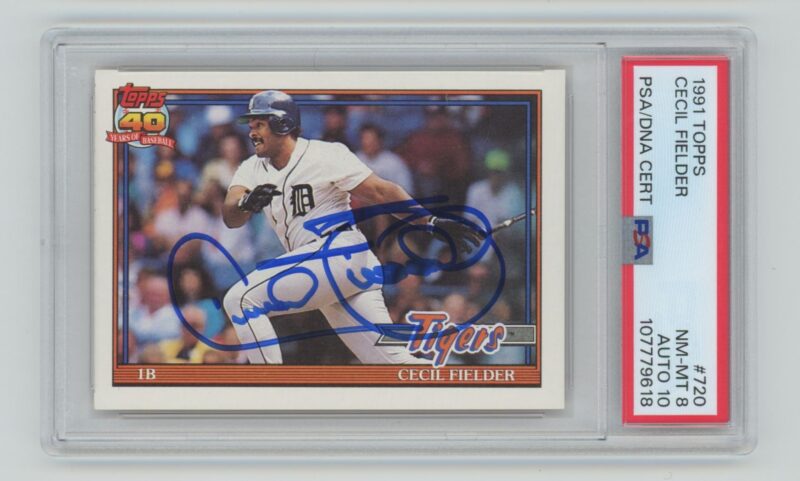1991 TOPPS CECIL FIELDER AUTO PSA 8 DETROIT TIGERS #720 AUTHENTIC AUTOGRAPH