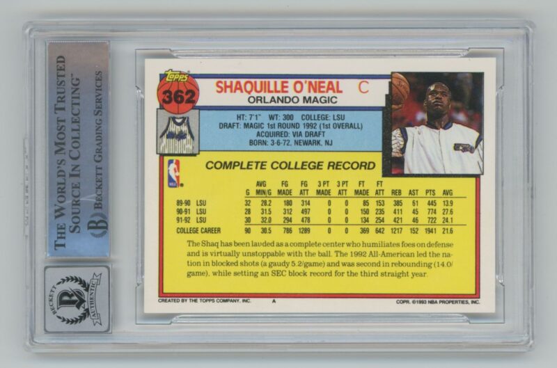 1992-93 TOPPS SHAQUILLE O'NEAL ROOKIE AUTO BECKETT 10 ORLANDO MAGIC #362 - Image 3